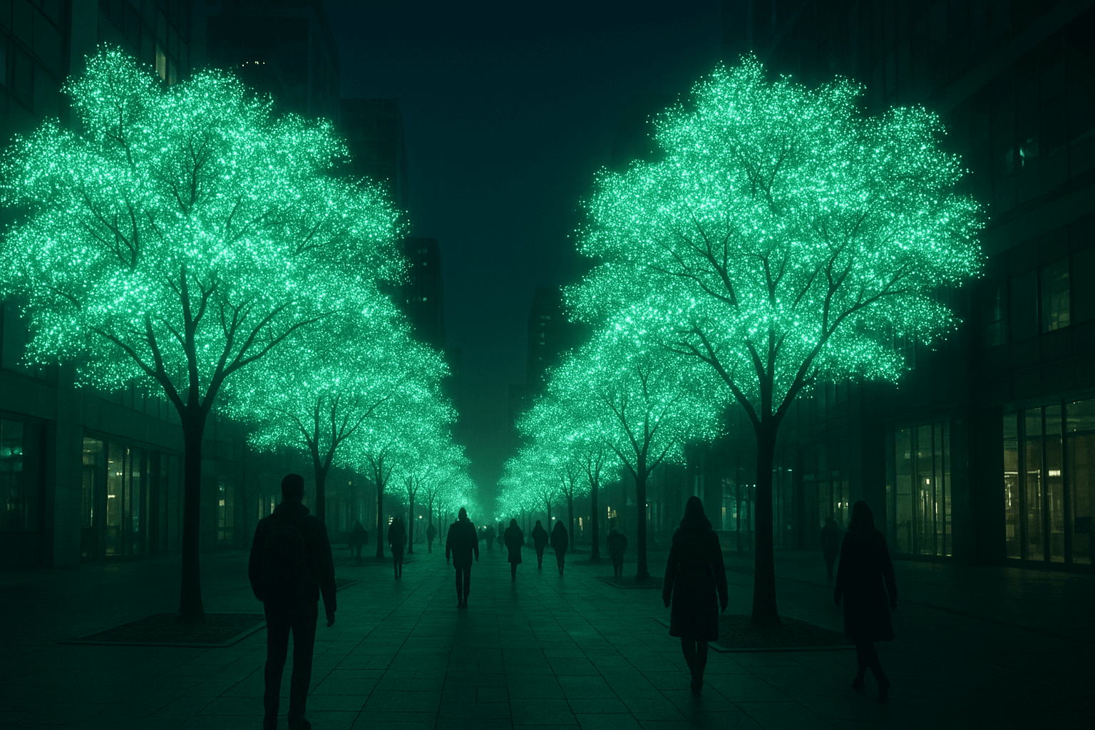Bioluminescent trees glowing at night, illuminating a city park without electric lights