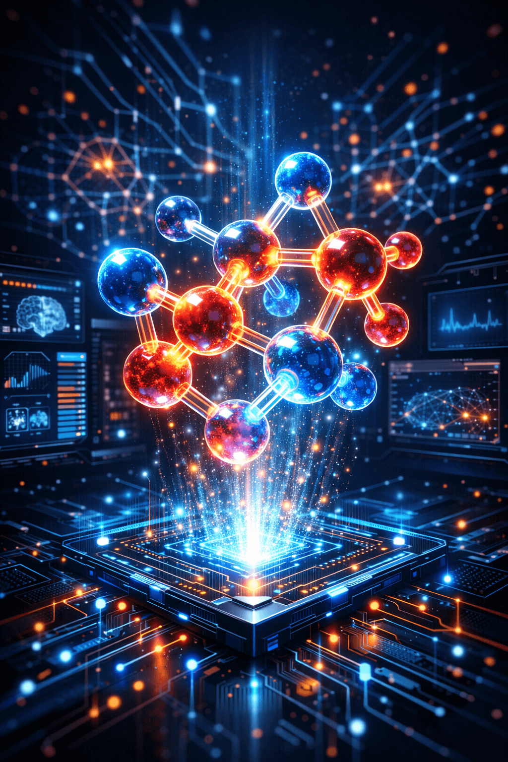 A glowing 3D molecular structure emerging from an AI neural network interface