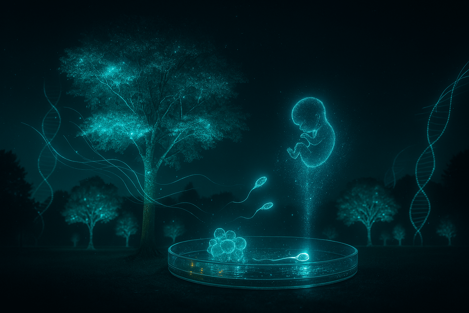 A nighttime park with bioluminescent trees glowing in soft green and blue, illuminating paths and benches